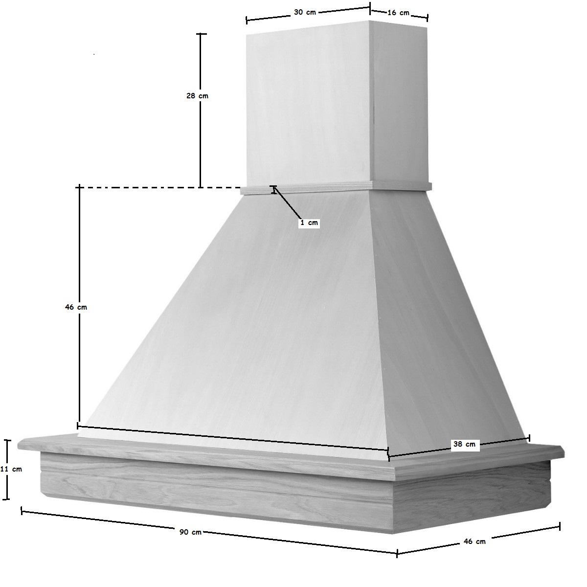 Cappa classica rustica legno STOCK 90 toulipie' grezzo, cono bianco motore 300 Mc/h